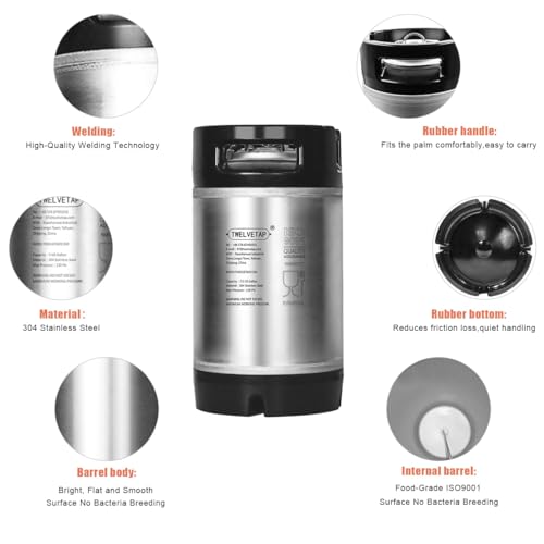 2.5 Gal Rubber Handle Corney Beer Keg 9.5L Premium Stainless Steel Homebrew Growler Leak Proof Lid Soda Barrel Home Brew