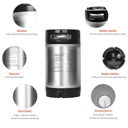 2.5 Gal Rubber Handle Corney Beer Keg 9.5L Premium Stainless Steel Homebrew Growler Leak Proof Lid Soda Barrel Home Brew