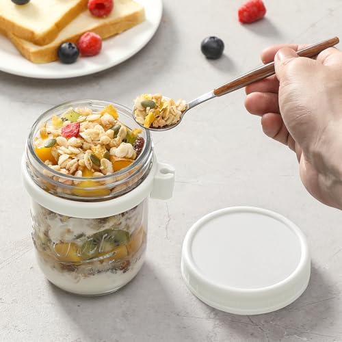 6 Pack Overnight Oats Containers with Lids and Spoons, 16 oz Glass Mason Overnight Oats Jars, Large Capacity Airtight Jars for Milk, Cereal, Fruit(White) - color: White