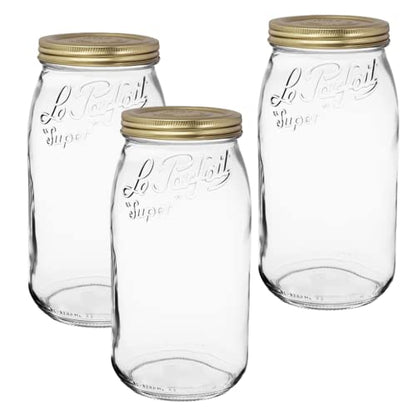 Le Parfait Eco-Friendly Zero Waste Wide Mouth Glass Jar with Airtight Screw Top Lid - Reusable French Storage Jar for Food, Soup, Flour, Sugar, Canning & Baking (3L/96oz, 3 Pack, Gold 2-Piece Lid) - color: 3L-Gold (Set/3)