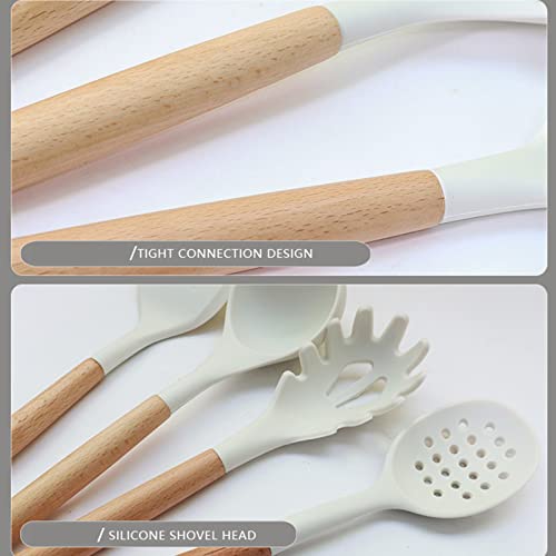 11pcs Silicone Cooking Utensils Spatula Set with Wooden Handle, White Kitchen Gadgets Set for Nonstick Cookware, Include Holder Storage Bucket. - color: Utensil Set