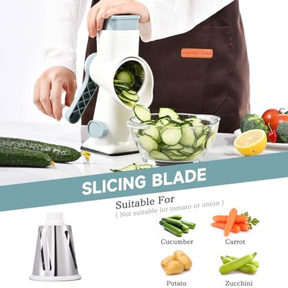 Rotary Cheese Grater with Handle Kitchen Shredder Slicer Grater Slicer Ice Shaver Cheese Vegetable Nuts Potato Zucchini Chocolate 3 Interchangeable Blades (WhiteBlue) - color: WhiteBlue