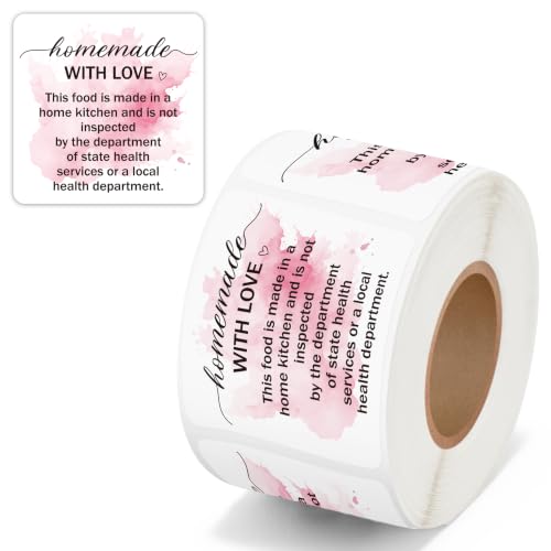 PANTIDE 500 Count Pink Watercolor Cottage Food Law Labels Sticker | Homemade with Love, Adhesive Square Decal Roll, Made in A Home Kitchen Inspection Statement, for Food Packaging, 2 x 2 Inch - color: Food Law Pink Watercolor