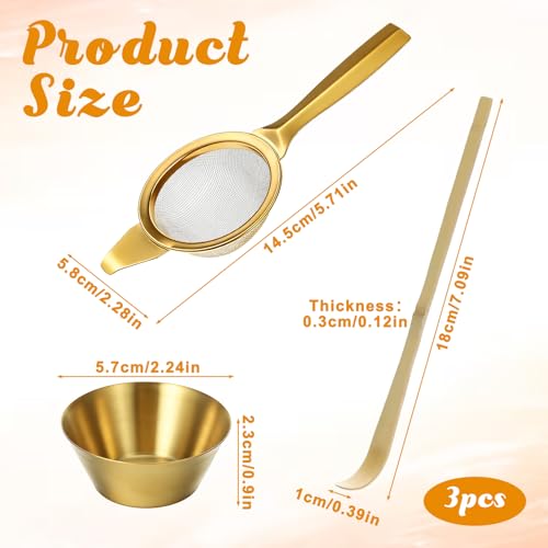 3 Pcs Matcha Strainer Set, 2.2 Inch 30 Mesh Matcha Sieve with Wooden Scoop & Bowl, Stainless Steel Mini Sifter for Loose Tea, Coffee and Cocktail, Gold & Wood Color