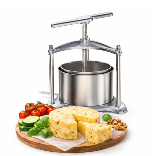 Manual Cheese Press, 1.6 Gallon Heavy Duty Food Press for Cheese, Tofu & Vegetable Dehydration – Stainless Steel Basket Herb & Tincture Press with Filter Bags, Not for Hard Fruits - color: Silver, size: 1.6 Gallon