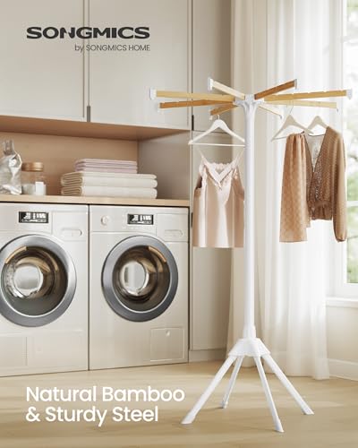SONGMICS Clothes Drying Rack, with Bamboo Hanging Rods, Foldable Metal Laundry Rack, Space-Saving, Free-Standing Airer, Indoor Use, White and Natural ULLR516W01 - size: 1 Tier