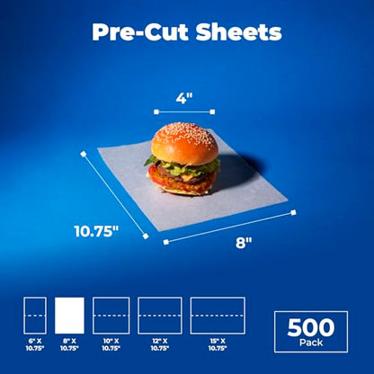 Fit Meal Prep [500 Pack] 8 x 10.75" Wax Paper Sheets for Food, Interfolded Precut Deli Pop Up Grease-Proof Sandwich Paper Wraps, Waterproof for Lunch, Food Basket, Microwave Cover, BBQ - size: 8 x 10.75"