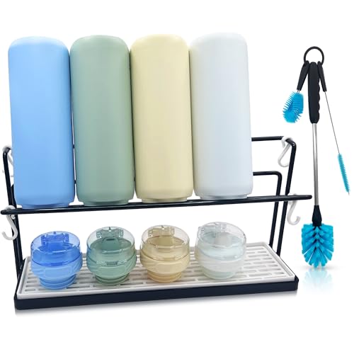 Water Bottle Drying Rack for Kitchen Counter – Cup Drying Rack, Tumbler, Mug & Glass Drying Rack Drying Rack, 2 Tier with Drain Tray and Cleaning Brush Set (Black) - color: Black
