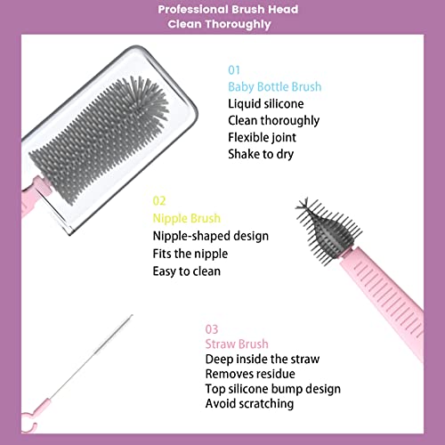 Pink Silicone Baby Bottle Cleaner Kit - Bottle Brush Set, Drying Rack, Nipple & Straw Brushes, Soap Dispenser - Travel & Home Use - color: Light Pink