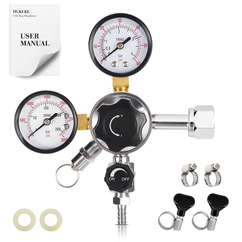 CO2 Keg Regulator Draft Beer CO2 Regulator CGA-320 Regulator Dual Stage CO2 Pressure Regulator 5/16’’ Barb Dual Gauge Dual Knob Quadruple Hose Clamp Kegerator Regulator for CO2 Tank - size: 0-60 PSI