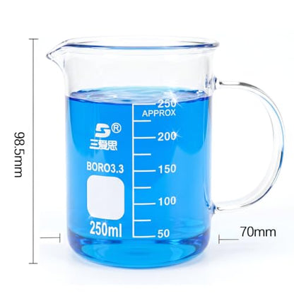 TISMART Glass Beaker Measuring Cup Boro 3.3-250/500/1000ML(4pcs 250ml) | Corrosion-resistant, Anti-oxidation, Heat for Lab, Teaching, Craft, Cooking, DIY, Liquid, Science Lab