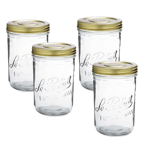 Le Parfait Familia Wiss Terrine | 32oz/Quart(Pack of 4) 1010 Liter Wide Mouth French Glass Jar w/Airtight 2-Piece System Gold Lids | Ideal for Canning, Food Storage, Meal Prep, Cake Jar & DIY Crafts - color: 1Ld110 (Set/4)