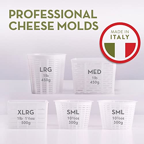 Easy Cheesemaking Set | 5 Cheese Molds + Cheese Making Book | Made in Italy | Recipes to Make Ricotta, Paneer, Goats Cheese, Quark and More | Professional Cheese Press Basket Mold Set of Strainers - size: Set of 5 + Book