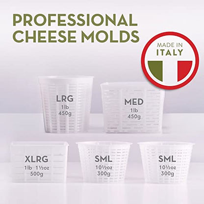 Easy Cheesemaking Set | 5 Cheese Molds + Cheese Making Book | Made in Italy | Recipes to Make Ricotta, Paneer, Goats Cheese, Quark and More | Professional Cheese Press Basket Mold Set of Strainers - size: Set of 5 + Book