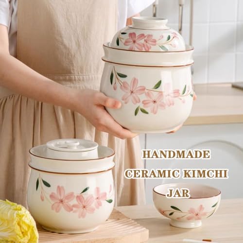 Hand-Painted Cherry Blossom Storage Jar, Double Lid Design Fermentation Crock, Household Water Seal Design Kimchi Jar, Ceramic Grain Container(3000ml) - size: 3000ml