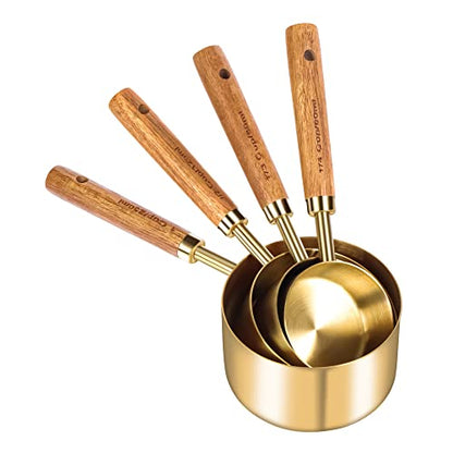 GuDoQi 8Pcs Gold Measuring Cups and Spoons Set, Wooden Handle, Premium Stainless Steel with Metric & US Measurements, Nesting for Dry/Liquid Kitchen/Food/Baking - color: Golden