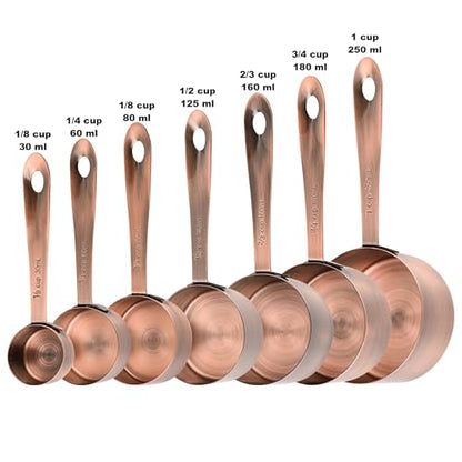 Copper Measuring Cups and Spoons Set of 18, 7 Measuring Cups, 9 Measuring Spoons, Stainless Steel Measuring Spoons and Cups for Dry & Wet Ingredients During Kitchen & Baking - color: A01: Copper-7Cups+9Spoons