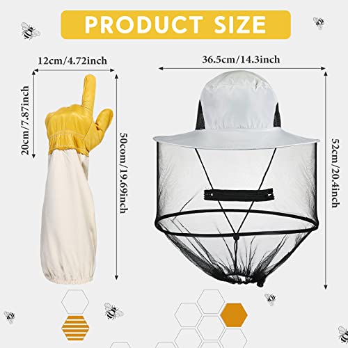 Xuhal Bee Keeping Hats and Gloves Includes Thick Goatskin Leather Bee Gloves with Ventilated Sleeves and Bee Keeper Fencing Veil Mosquito Hats Sun Hat with Hidden Net Mesh Mask