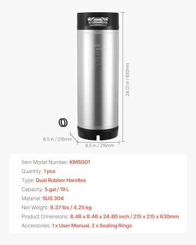 VEVOR Corny Keg, 5 Gallon Ball Lock Keg, SUS304 Cold Brew Kegs with Dual Rubber Handles & Heavy-Duty Rubber Bottom, Brewing Equipment for Home Brewing Party, 1 PCS - size: 5 Gal