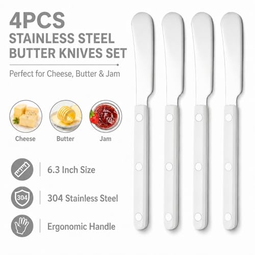 4PCS Stainless Steel Butter Knives Set: 6.3 Inch Cheese Spreader 304 Stainless Steel with Ergonomic Handle for Cheese, Butter & Jam (White) - color: White