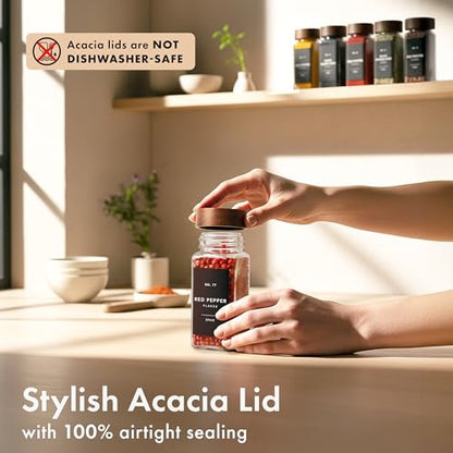 EDELHAUS Glass Spice Jars with Label, 36x Acacia Wooden Lids - Black Labels | Airtight acacia lids keep spices fresh; use as a spice organizer, seasoning containers or 4 oz jar set; funnel & 240 labels - color: 36x Acacia Jars Black Stickers