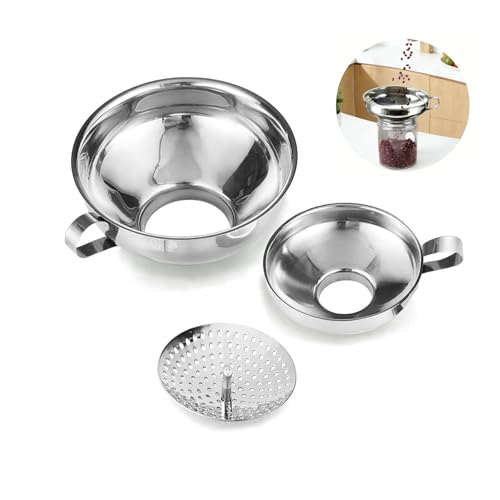 Canning Funnel with Strainer for Wide and Regular Mason Jars - Wide-Mouth Funnels for Kitchen Use - Canning Supplies Kit - Stainless Steel - 3 Pack (Small and Large)