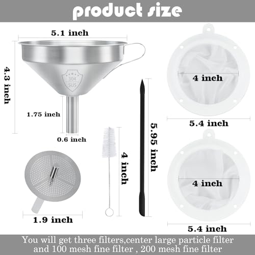 WMKGG 304 Stainless Steel Funnel, 5 Inch Funnels for Kitchen Use Filling Bottles, with 200 Mesh and 100 Mesh Fine Mesh Strainer, for Oils, Juice, Wine, Coffee, Milk, Tea, Powder - size: Funnels+Strainer