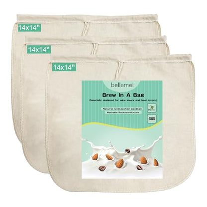 Reusable Nut Milk Bag 14x14in 3 Pack Natural Unbleached Cotton Strainer Bag | Large Cheesecloth Bag for Homemade Nut Milk, Cold Brew, Tea & Fruit Juice - color: 3 Pack