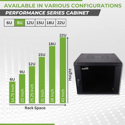 NavePoint 9U Server Cabinet Wall Mount Rack Enclosure Includes 2 Fans, Locking Glass Door, Removable Side Panels – 9U Network Cabinet 17.7” Deep, 19 Inch Server Rack for IT and A/V Equipment - size: 9U - 450mm Depth