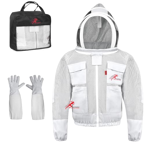 3 Layer Bee Jacket with Fencing Veil and One Pair of Gloves Ventilated Beekeeper Jacket (White, 3X-Large) - color: White, size: 3X-Large