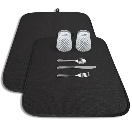 Kitsure Dish Drying Mat - 2-Pack Washable Microfiber Drying Mat for Kitchen Counter, 3-Layer Ultra Absorbent Pad with a Hanging Hook, 20" x 14", Black - color: Black, size: 20" x 14"