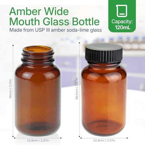 120 ml(4 OZ) Amber Glass Wide Mouth Packer Bottle with Black Ribbed Cap, UV Light Resistant Jars for Pills, Capsules, Essential Oils, DIY Salves - Airtight Storage Container，Pack of 24 bottles - size: 4 OZ