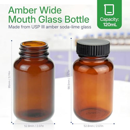 120 ml(4 OZ) Amber Glass Wide Mouth Packer Bottle with Black Ribbed Cap, UV Light Resistant Jars for Pills, Capsules, Essential Oils, DIY Salves - Airtight Storage Container，Pack of 24 bottles - size: 4 OZ