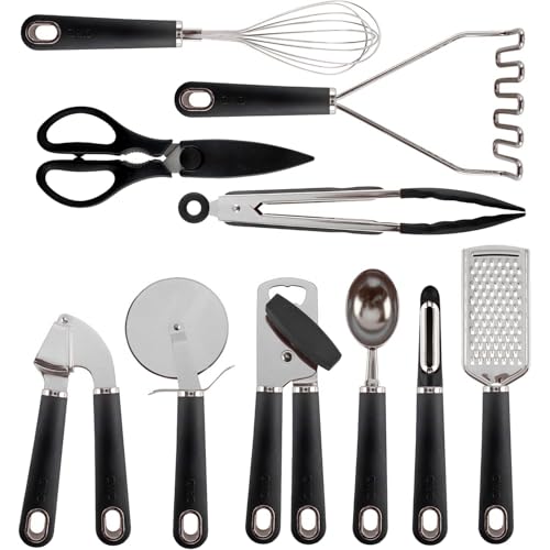 COOK WITH COLOR Kitchen Gadget Set Stainless Steel Utensils with Soft Touch Handles, 7 Pieces, Stainless Steel Black - color: Stainless Steel Black - Updated