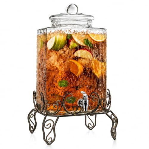 5 GALLON Drink dispenser, Glass Beverage Dispenser With Elegant Stand, Large Water Drink Dispensers for Parties With 100% Leak Proof Spigot, Ideal for Lemonade,Juice, Tea, and Party Drinks - color: Clear-5 Gallon&Stand