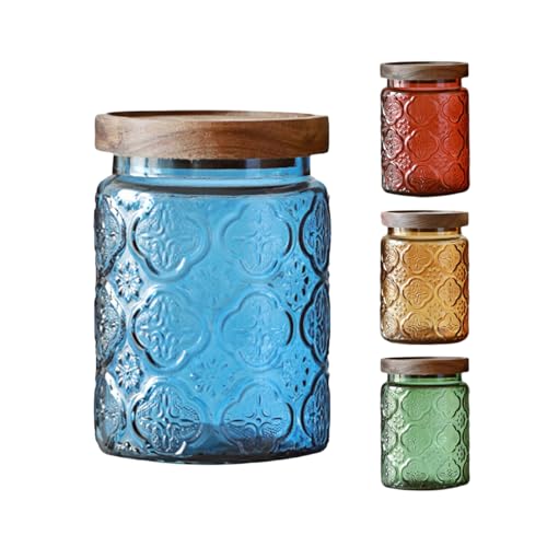 Vintage Glass Storage Jar with Solid Wood Lid - Sunflower Kitchen Canister for Coffee, Candy, Laundry Detergent - Cute Food Storage Jar for Pantry, Countertop (4 color-Begonia Flower, 23.7 Ounces) - color: 4 color-Begonia Flower, size: 23.7 Ounces