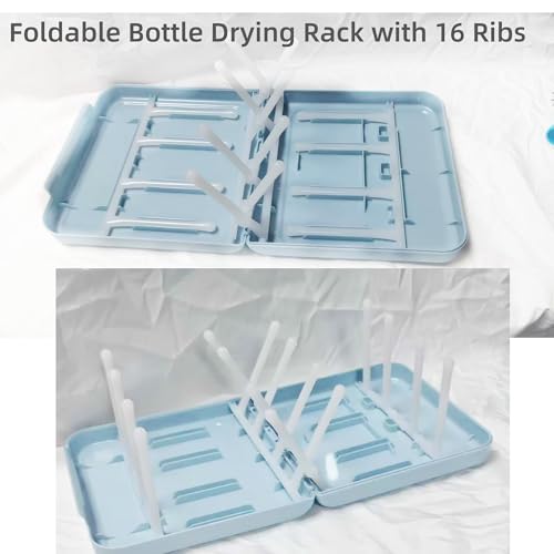 Travel Bottle Drying Rack Space Saving,Foldable Bottle Drain Rack with 16 Ribs,Portable Baby Bottle Drying Rack for Bottles,Breast Pumps and Other Feeding Accessories,Widely Used Daily Basis - color: Blue