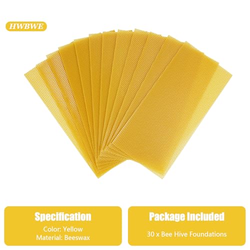 30PCS Pack Beehive Frames and Wax Foundations for Deep Brood Bee Hives 100% Beeswax Coated Foundations Yellow
