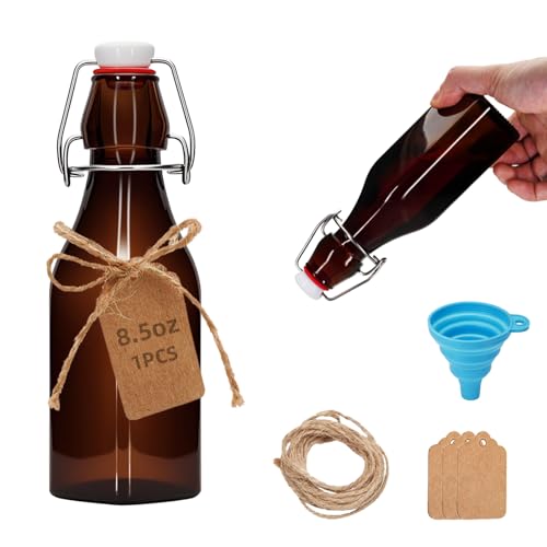 8.5oz square Amber Beer Bottles with Flip Caps,250MLGlass Bottle with Swinging Top for Airtight Lids, Home Brewing and Fermentation Kombucha, Vanilla Extract, Beverage, Water (1)
