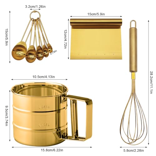 Gold Flour Sifter Baking Tool Set, findTop Stainless Steel 4-Piece Kit with 10" Whisk, Dough Scraper & 5 Measuring Spoons, Mirror Polished, Easy to Clean, for Cake Bread Cookie Prep