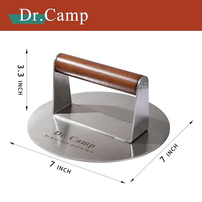 Dr.Camp 7 Inch Stainless Steel Smash Burger Press Burger Smasher Bacon Press Meat Press for Griddle Flat Top Grill with Solid Wood Handle Smooth Bottom Heavy Duty (Round) - style: Round