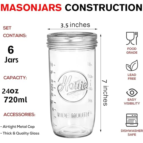 Tebery 6 Pack Wide Mouth Home Glass Mason Jars with Airtight Lids and Bands, 24-Ounce Canning Glass Jars for Canning, Fermenting, Pickling, Meal Prep, Overnight Oats, Jam, Jelly
