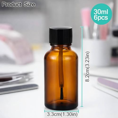 6Packs 30ml Amber Glass Essential Oil Bottle with Brush Cap Refillable Amber Bottles Portable Essential Oil Brush Bottle for Oils Serums, Cuticle Care, Nail Treatments, DIY Blends