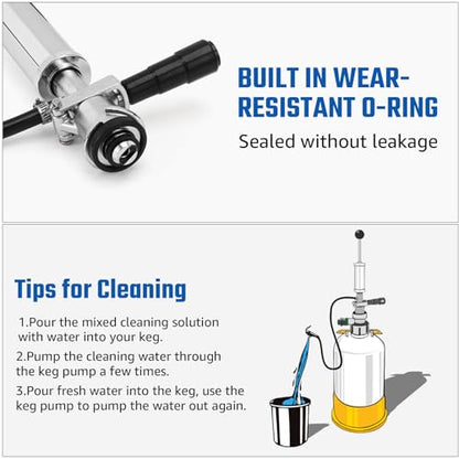 4” Keg Party Pump Keg Tap, D System Beer Keg Pump for US Sankey, Kegerator Tap Stainless Steel Probe Coupler Beer Tap with Beer Line Faucet Hose Clamps for Homebrew Picnic Parties (Silver Clamps)