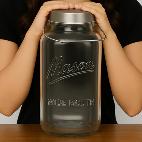 kitchentoolz Large 2 Gallon Glass Mason Jar with Big Airtight Metal Lid and Carry Handle – Wide Mouth Square Container with Measurements for Dry Goods, Bulk Storage, and Food Prep