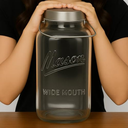 kitchentoolz Large 2 Gallon Glass Mason Jar with Big Airtight Metal Lid and Carry Handle – Wide Mouth Square Container with Measurements for Dry Goods, Bulk Storage, and Food Prep