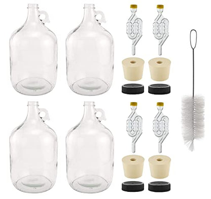 North Mountain Supply 1 Gallon Glass Fermenting Jug with Handle – Set of 4 – Includes 6.5 Rubber Stoppers, 6-Bubble Airlocks, Black Plastic Lids, and Cleaning Brush – 38mm CT Finish