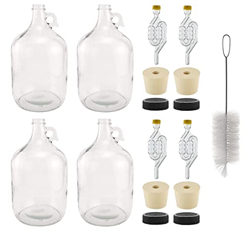 North Mountain Supply 1 Gallon Glass Fermenting Jug with Handle – Set of 4 – Includes 6.5 Rubber Stoppers, 6-Bubble Airlocks, Black Plastic Lids, and Cleaning Brush – 38mm CT Finish