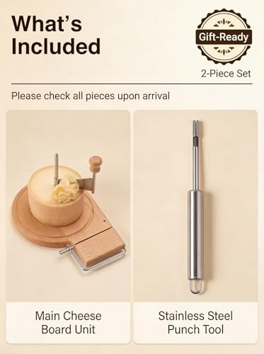 2-in-1 Cheese Curler and Slicer with Wooden Base, Stainless Steel Cheese Rosette Maker for Semi-Hard Cheese, Creates Elegant Rosettes and Uniform Slices