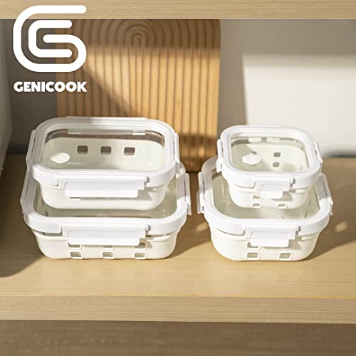 GENICOOK Glass Food Storage Meal Prep Containers - Food Grade Silicone Wrap & Air Release Vent, Rectangular shape - 8 Pc Set (4 Containers - 4 Matching Lids) - color: White silicone